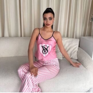 Pyjama Femme Satin – Rose & Blanc 🎀
