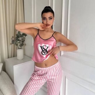 Pyjama Femme Satin – Rose & Blanc 🎀